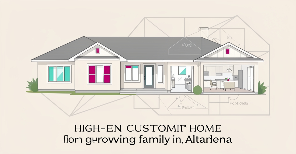Flat illustration of a modern custom family home with ADU and flexible spaces using teal and magenta brand accents.
