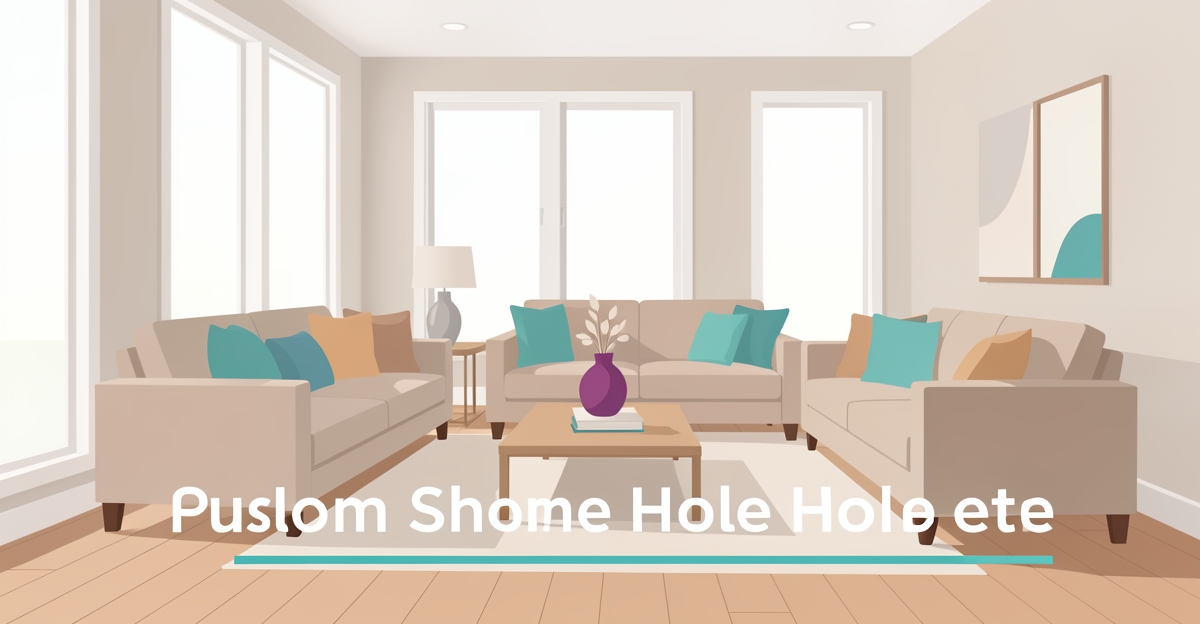 A clean, minimalist living room interior with brand color accents, showcasing a whole-home renovation for empty nesters, with a subtle headline in the lower third