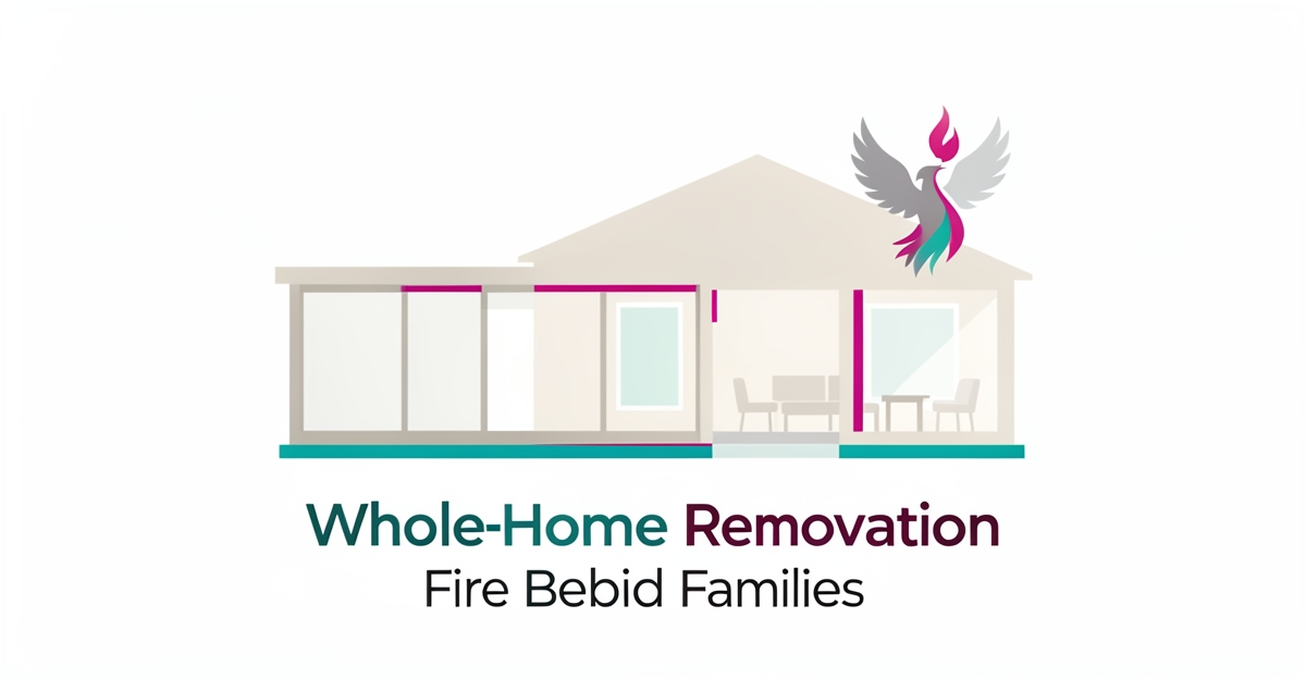 Flat illustration of a modern whole-home rebuild concept with teal and magenta accents for fire recovery families.