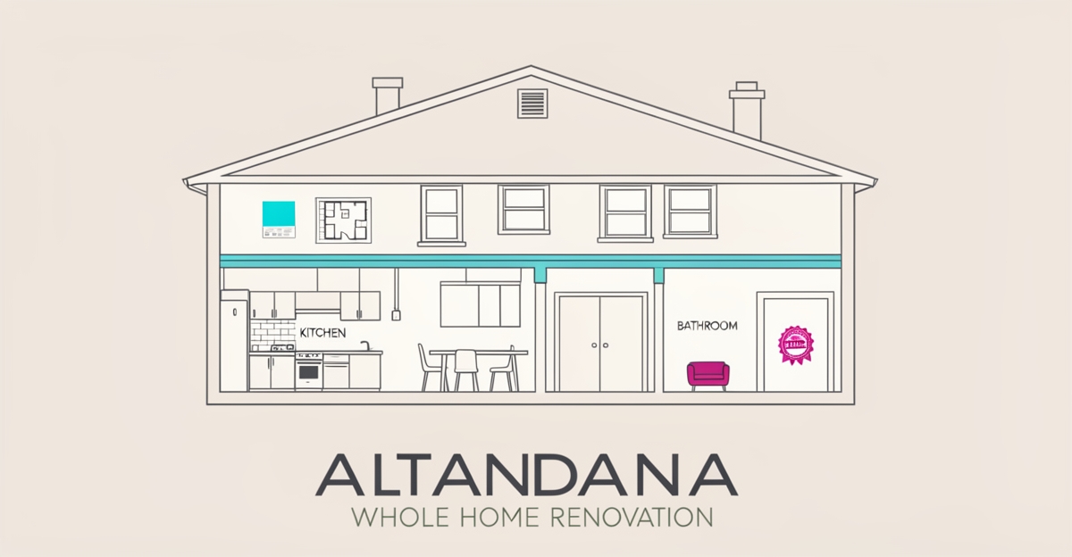 Flat illustration of a home cross-section highlighting whole-home renovations for first-time buyers with brand accent colors.