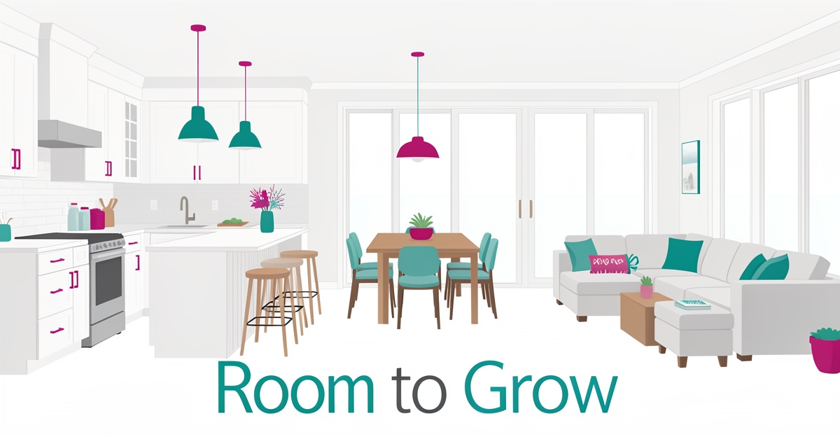 Modern open-concept home interior with teal and magenta accents, illustrating whole-home renovation for growing families.