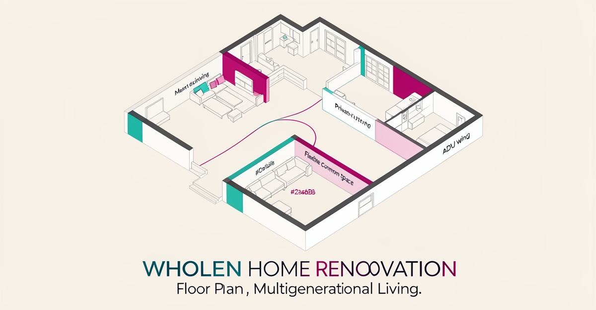 Flat illustration of a multigenerational home floor plan with private suites and flexible spaces highlighted in teal and magenta accents.