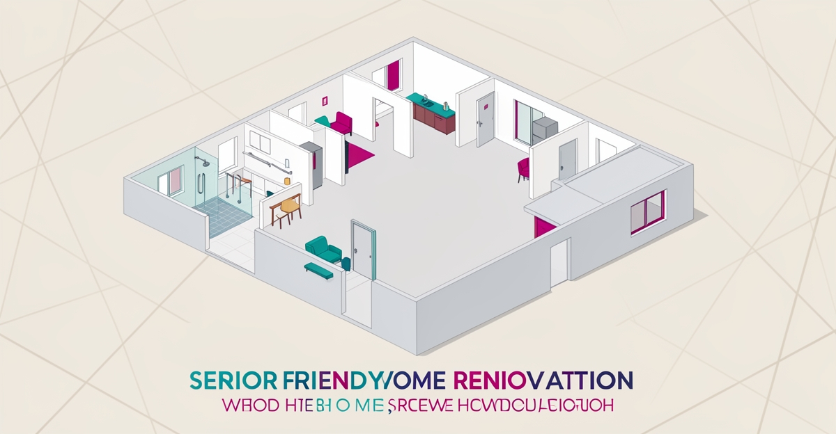 Flat illustration of accessible whole-home renovations for seniors aging in place with universal design features.