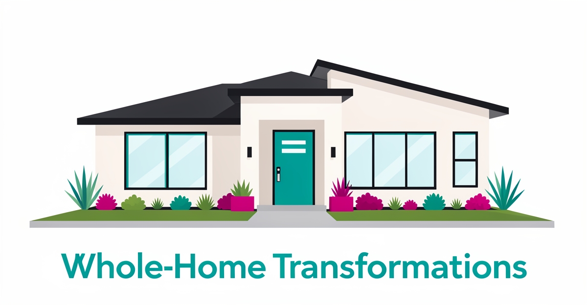 Modern single-family home exterior with teal and magenta accents illustrating whole-home renovation concepts.