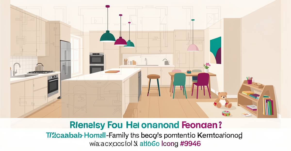 Flat illustration of a modern small family home renovation with open living and kitchen space accented in teal and magenta.