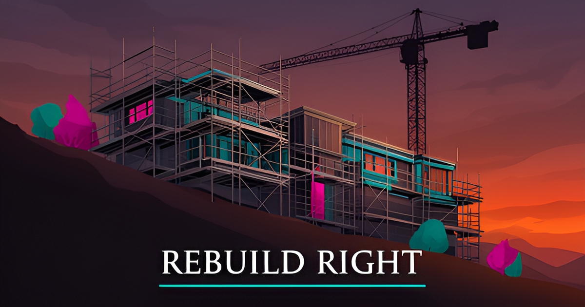 Flat illustration of a modern custom home under reconstruction on an Altadena hillside with teal and magenta accents, headlined Rebuild Right.