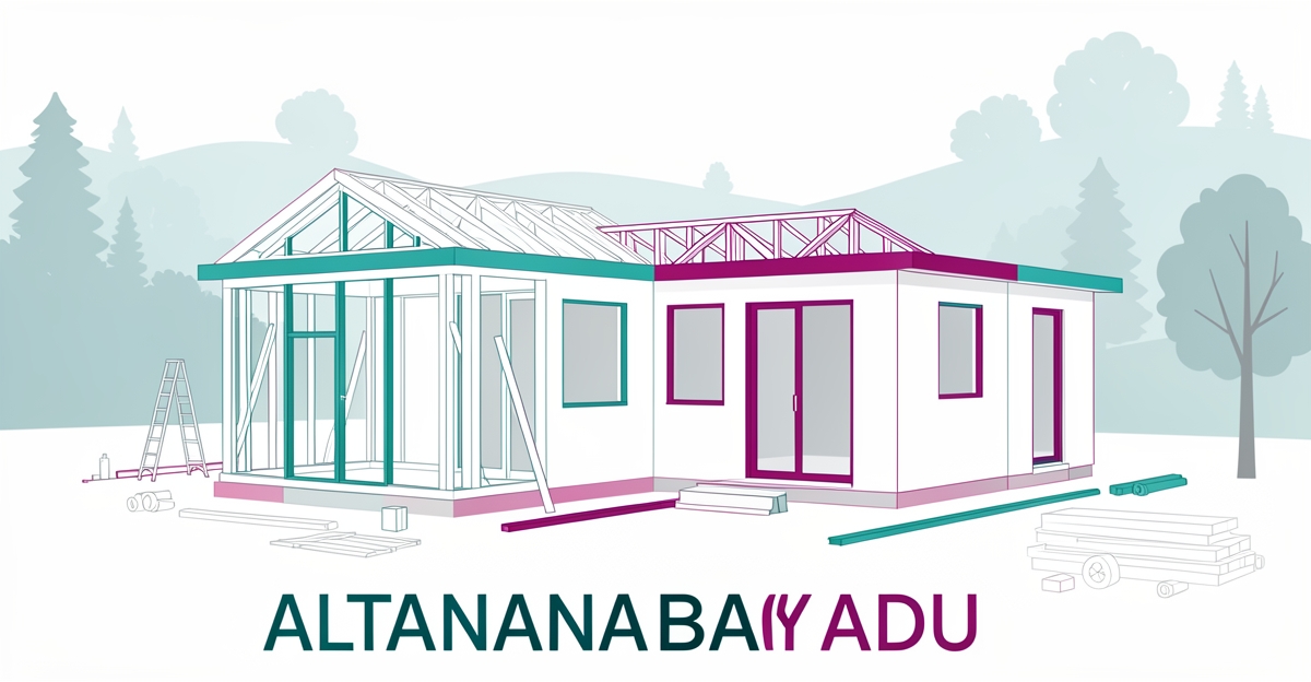 Modern flat illustration of an ADU construction in Altadena backyard with teal and magenta brand accents.