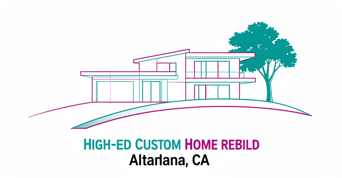 Flat illustration of a modern custom home rebuild blueprint transitioning to finished architecture in Altadena with teal and magenta accents.