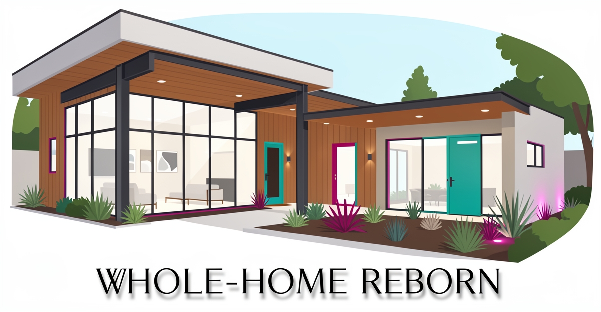 Modern Altadena home renovation with teal and magenta accents, floor-to-ceiling windows, and landscaped courtyard.