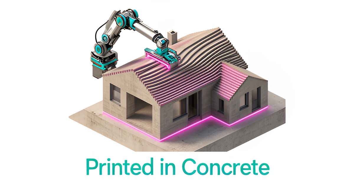 Flat illustration of a 3D printer arm extruding layered concrete walls for an Altadena home, accented in teal and magenta.