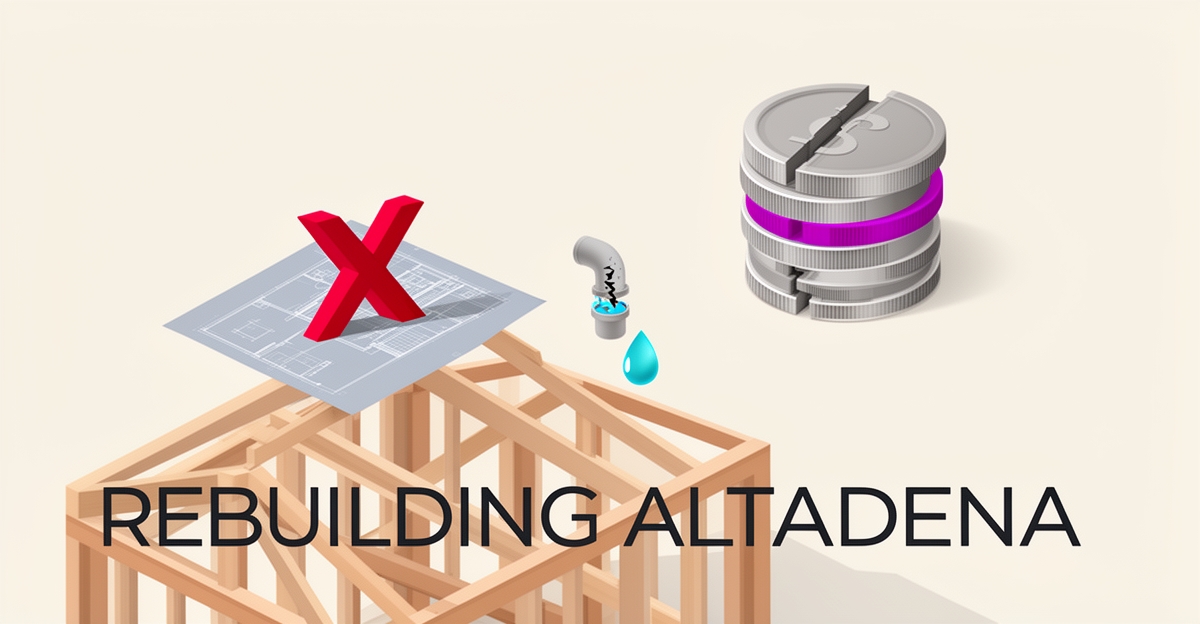 Illustration of custom home construction challenges, including permit delays, infrastructure issues, and financial gaps, set against a minimalist background.