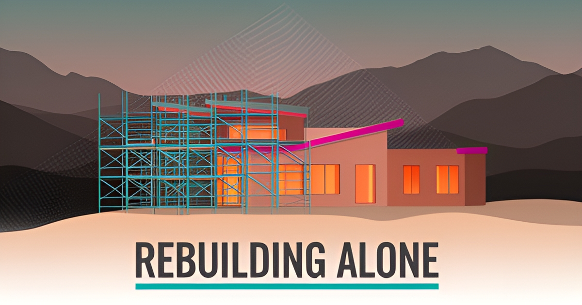 Flat illustration of a half-rebuilt modern Altadena home at dusk with scaffolding in teal and magenta accents, titled Rebuilding Alone.