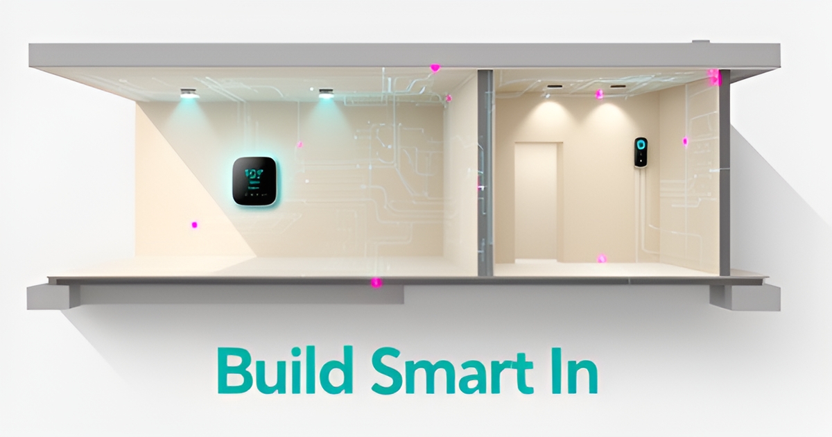 Flat illustration of a custom home cross-section with smart technology wiring in teal and magenta, headlined Build Smart In.