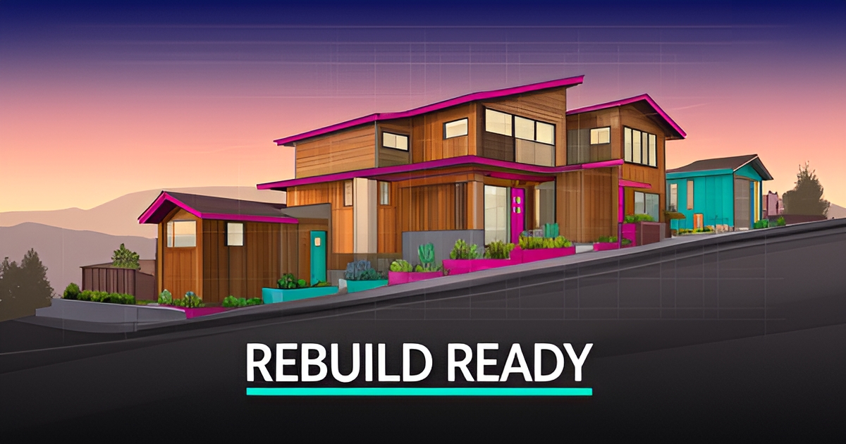 Flat illustration of two modern Altadena homes with ADUs and blueprint lines, symbolizing fast-tracked rebuild planning.