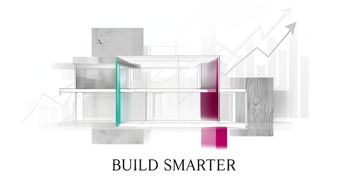 A clean architectural illustration representing home renovation planning with modern design elements and teal and magenta accent colors.