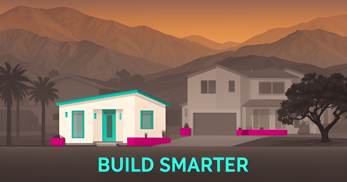 Flat illustration of a modern ADU next to a main home in Altadena with teal and magenta accents and mountains behind.