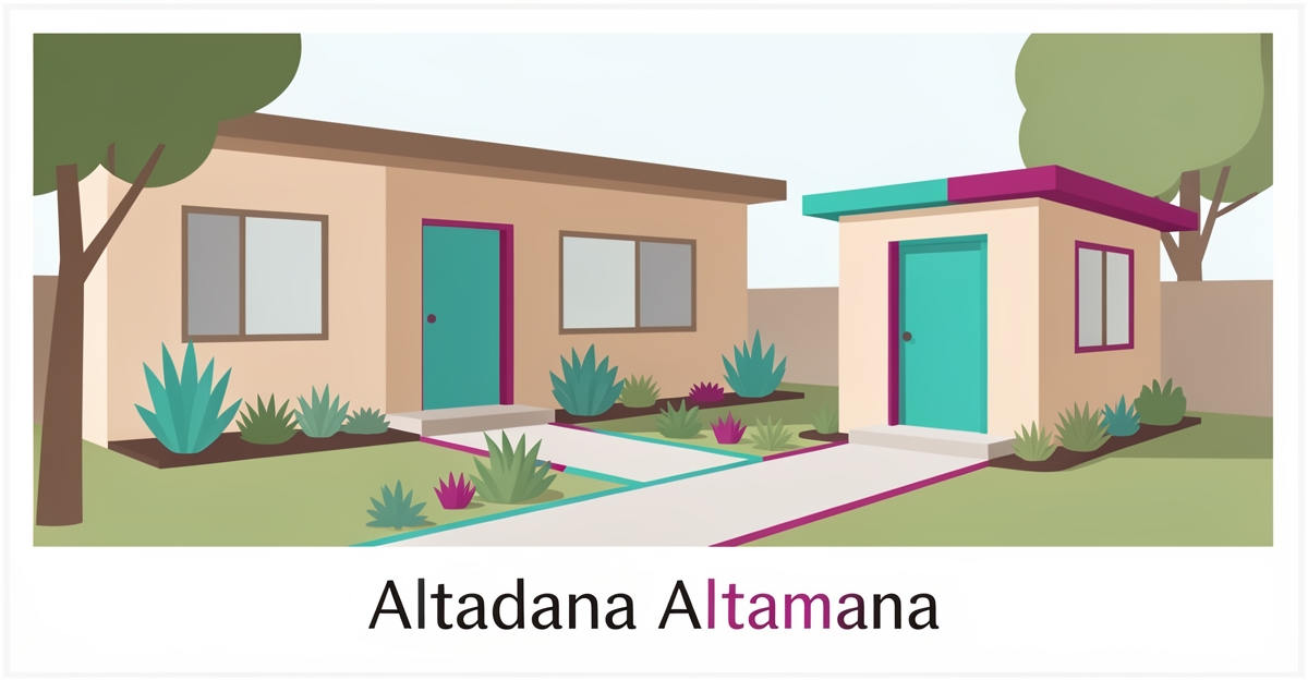 Modern flat illustration of a main home with an ADU for aging in place in Altadena with teal and magenta accents.