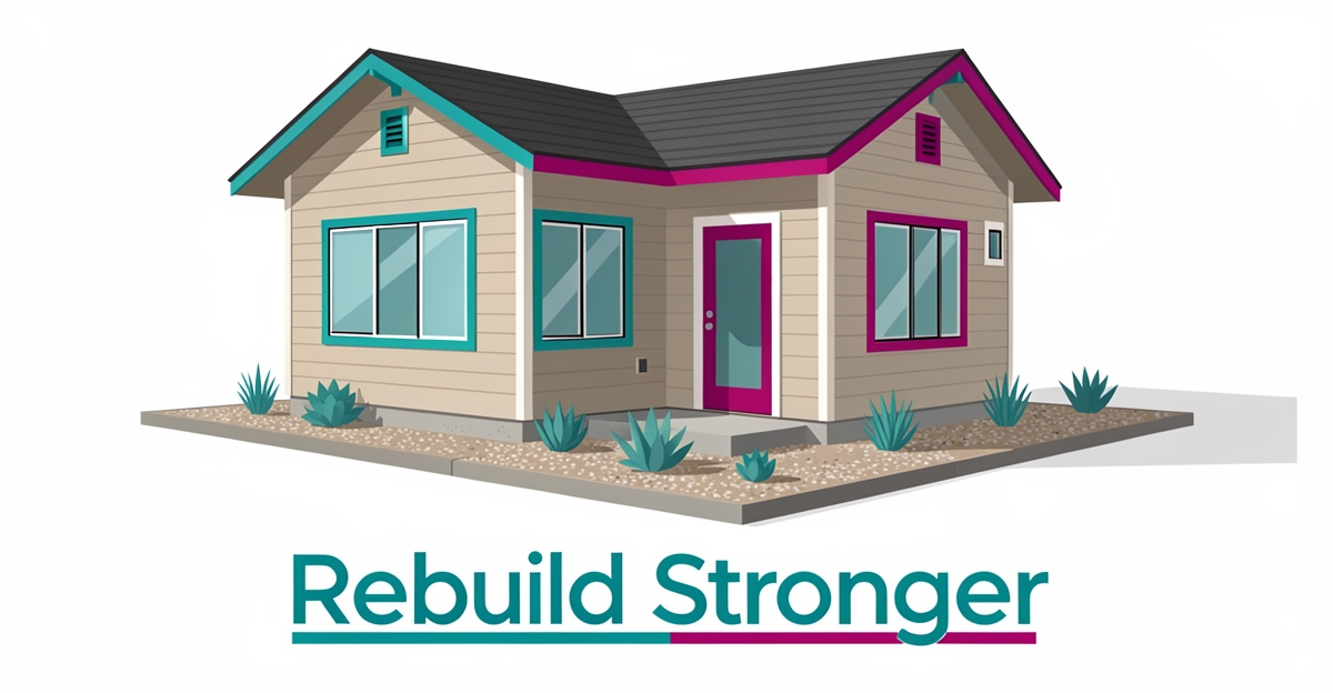 Modern fire-resistant ADU under construction with teal and magenta accents, illustrating resilient rebuilding for Altadena wildfire recovery.