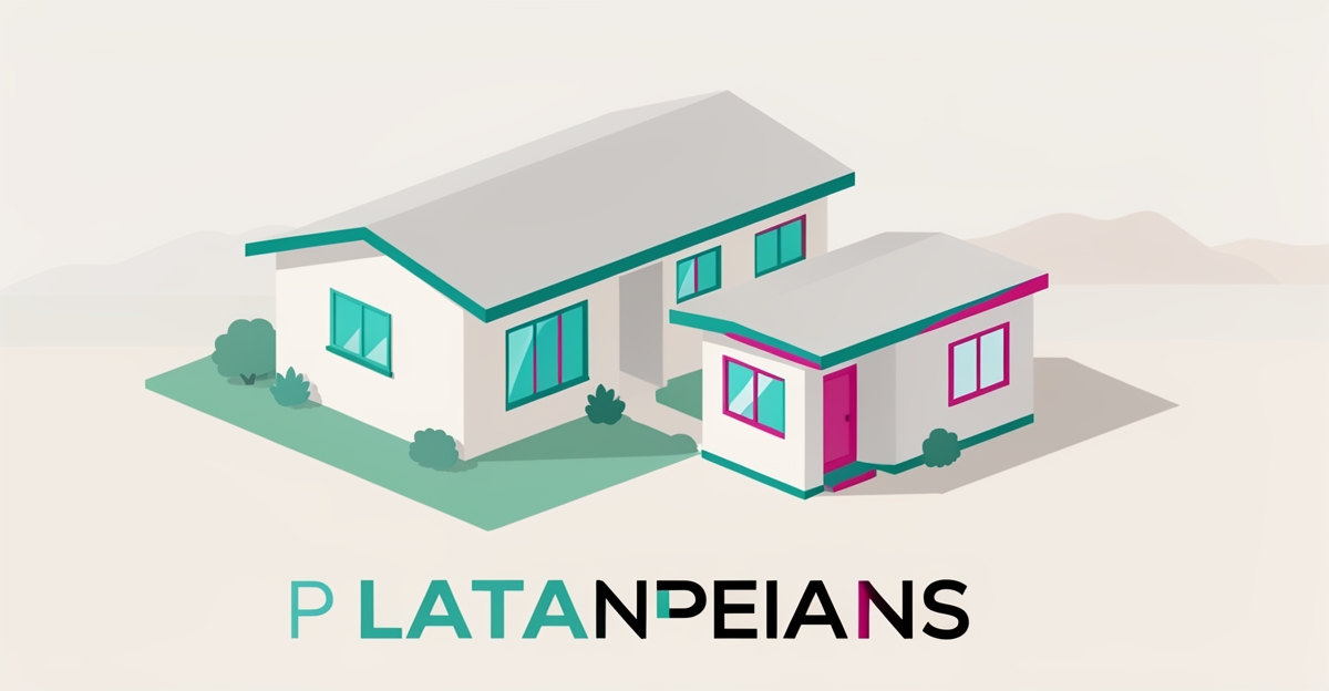 Flat illustration of a main house with a small ADU unit, accented in teal and magenta, for first-time home buyers.
