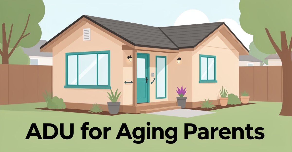 A modern, accessible backyard cottage (ADU) designed for senior independence and safety, featuring brand-colored accents and a minimalist layout in a quiet residential setting.