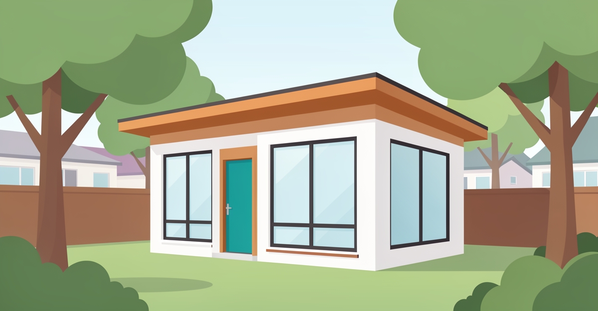 Modern flat illustration of a detached ADU in a quiet Altadena backyard with brand-colored accents and the headline 'Built for Families' in the lower third.