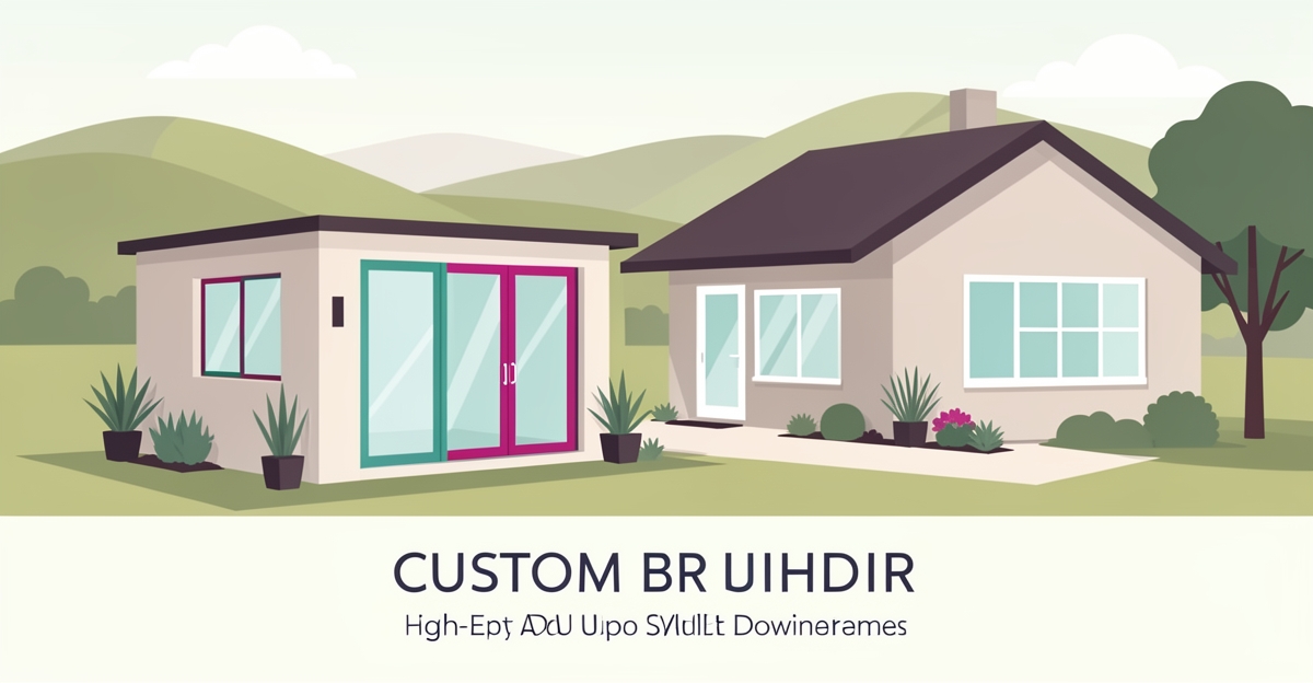 Modern flat illustration of a contemporary ADU beside a home in Altadena with teal and magenta accents for empty nester living.