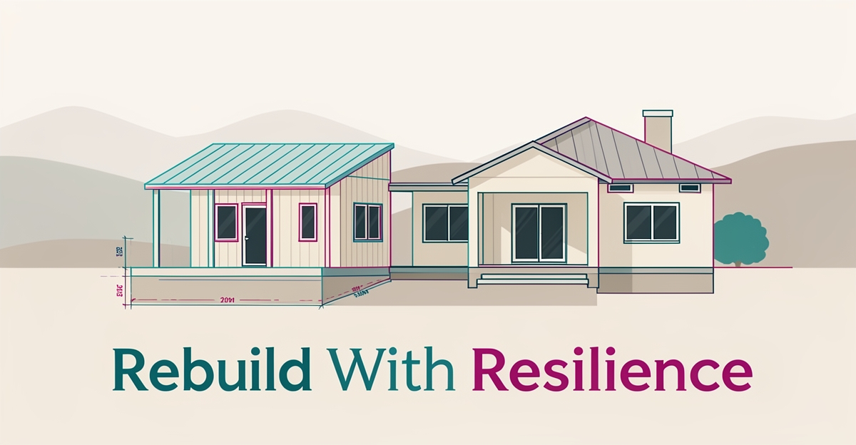 Flat illustration of a fire-resistant ADU and home blueprint with teal and magenta accents for fire rebuild families.
