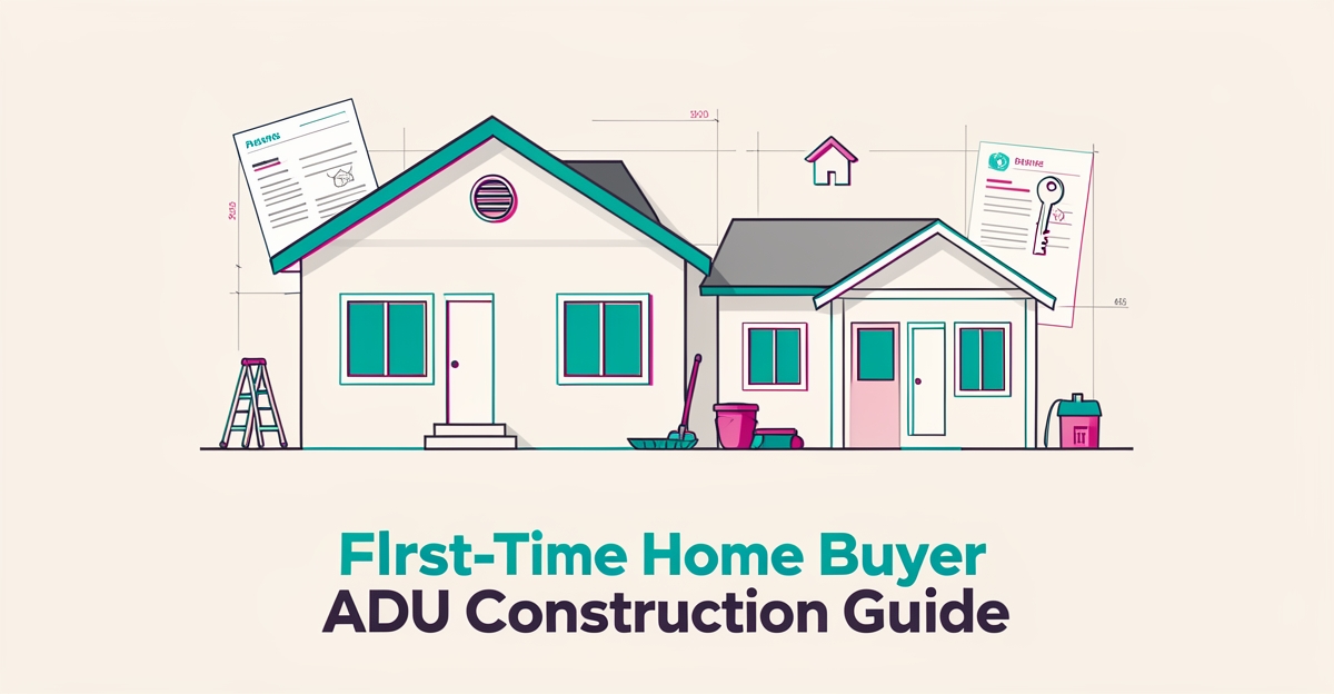Flat illustration of a home with ADU and blueprints highlighting guidance for first-time buyers in Altadena.