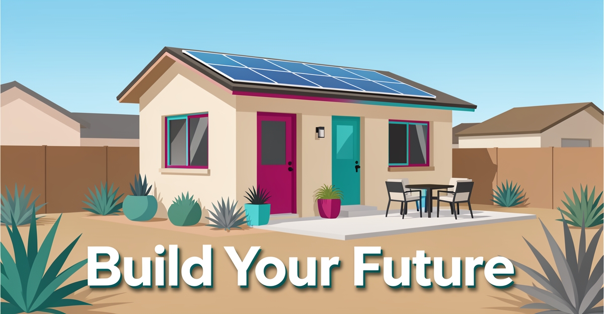 Modern flat illustration of a stylish ADU in a suburban Altadena backyard with brand-colored accents and the headline 'Build Your Future' in the lower third.