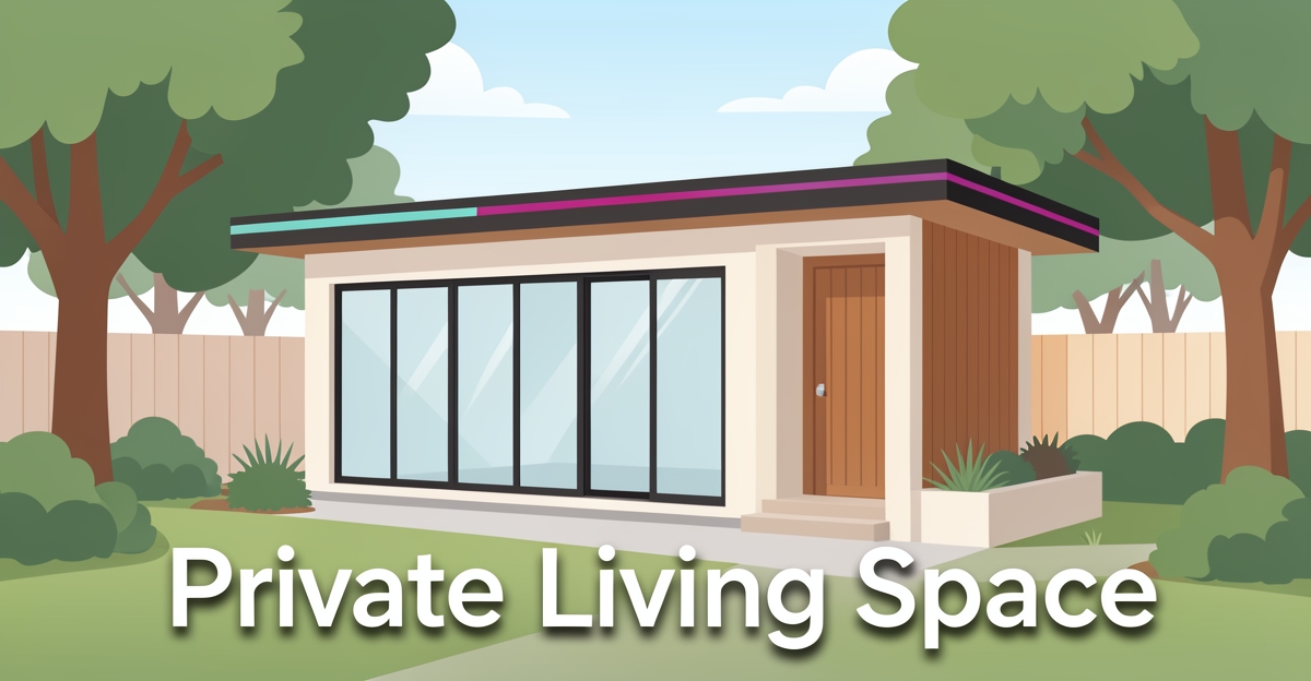 Modern flat illustration of a high-end ADU in Altadena with brand color accents, featuring the headline 'Private Living Space' in the lower third.