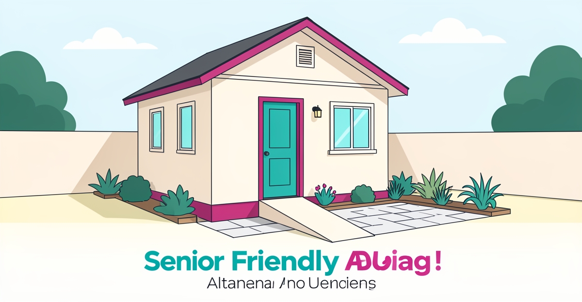 Flat illustration of an accessible ADU cottage with teal and magenta accents for senior aging in place.