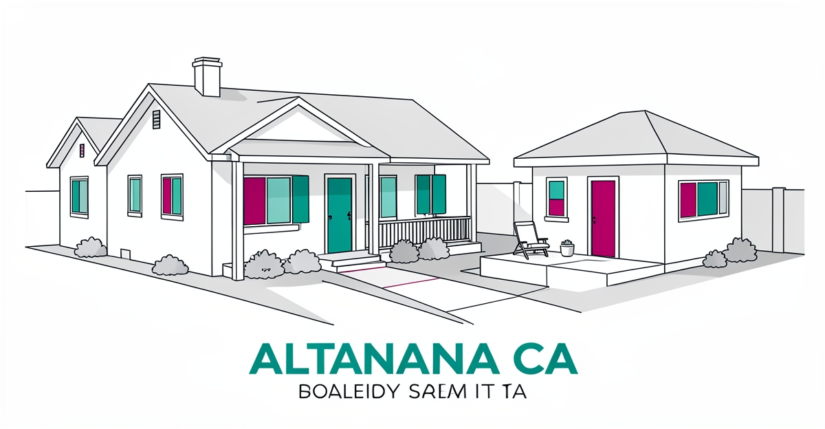 Flat illustration of a single family home with detached ADU in Altadena backyard with teal and magenta accents.