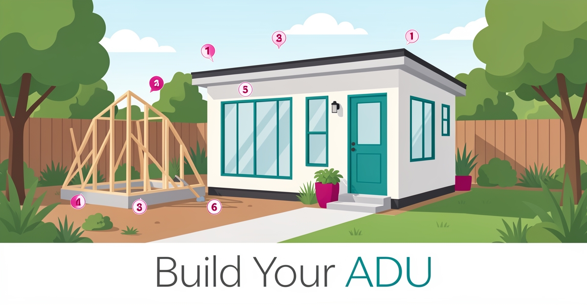 Modern flat illustration of backyard ADU construction stages with teal and magenta accents.