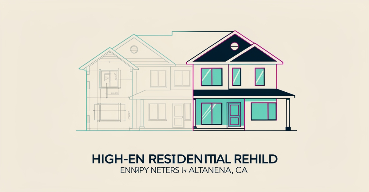 Flat illustration of a high-end home rebuild concept with blueprint accents for empty nesters in Altadena.