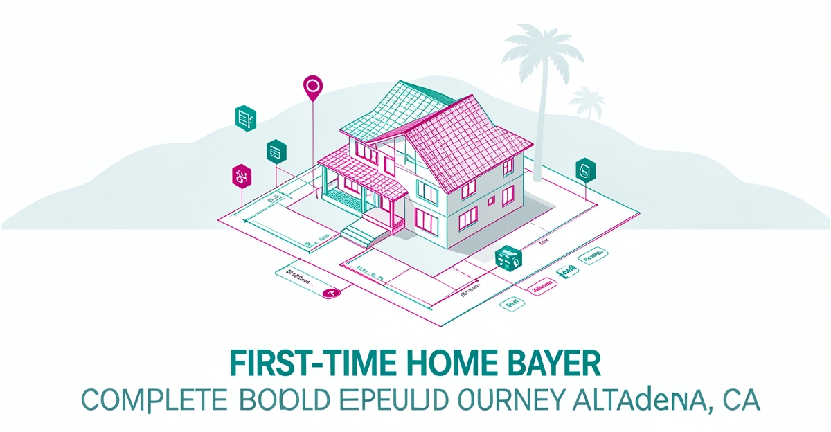 Flat illustration of a custom home rebuild blueprint with teal and magenta accents for first-time Altadena buyers.