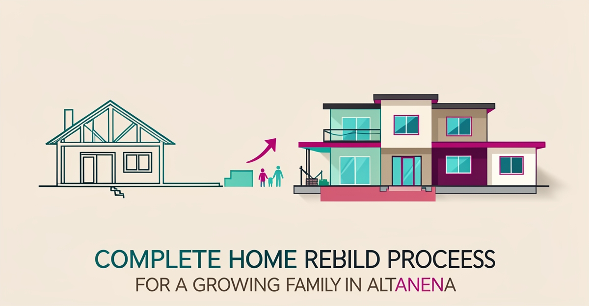 Flat illustration of a modern home rebuild progression with teal and magenta accents for growing families.