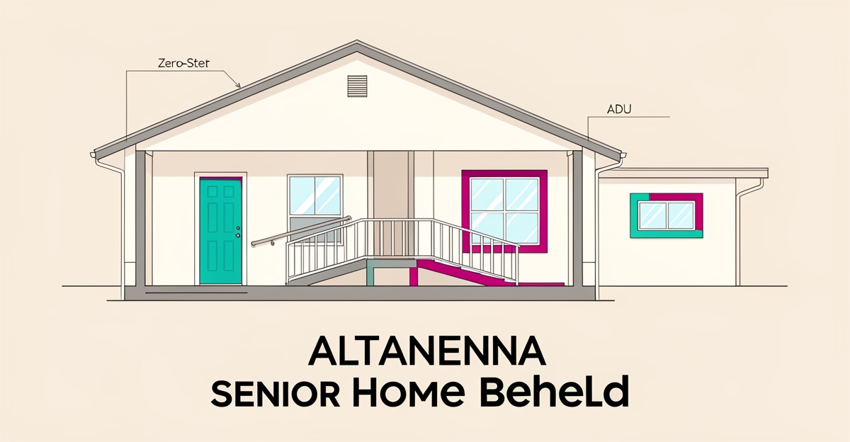 Flat illustration of an accessible single-story home rebuild with ramp and ADU for Altadena seniors in teal and magenta accents.