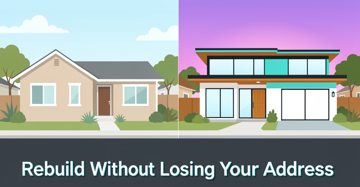 Modern flat illustration of a single-family home rebuild in Altadena, showing before and after views with brand color accents and a minimalist headline overlay.