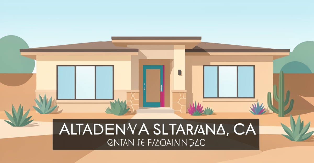 A minimalist flat illustration of a modern custom home in Altadena with brand-colored accents, symbolizing intentional downsizing for empty nesters.