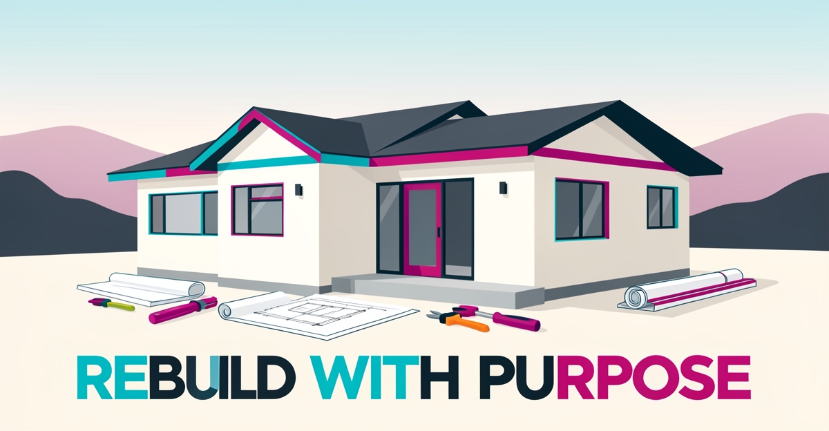 A minimalist flat illustration of a custom home under construction with blueprints and tools, using brand colors, with the headline 'Rebuild With Purpose' in the lower third.