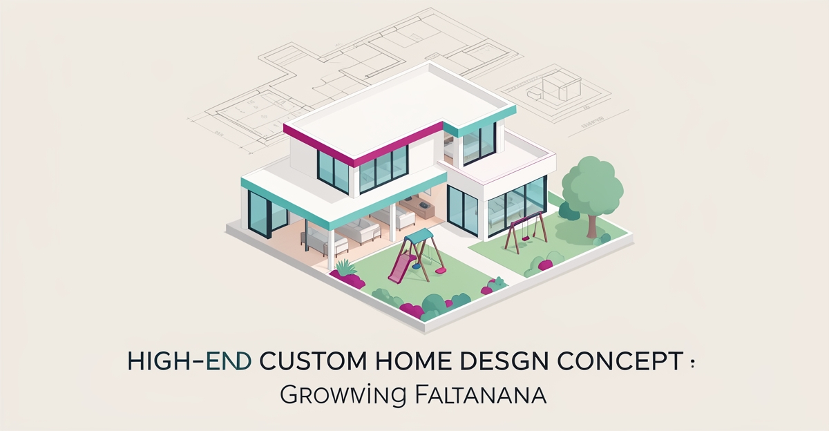 Flat illustration of a modern custom Altadena home with blueprint accents for growing families by JMB Builders.