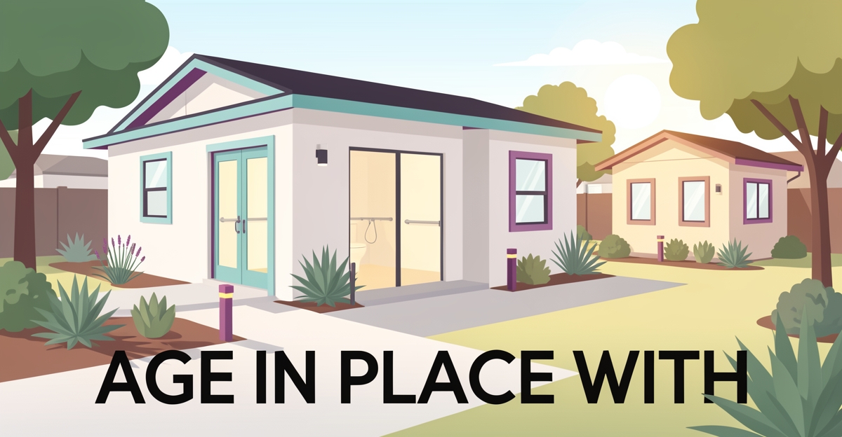 A modern single-story custom home with accessibility features like wide doorways, zero-step entry, and an ADU, designed for seniors to age in place safely and comfortably