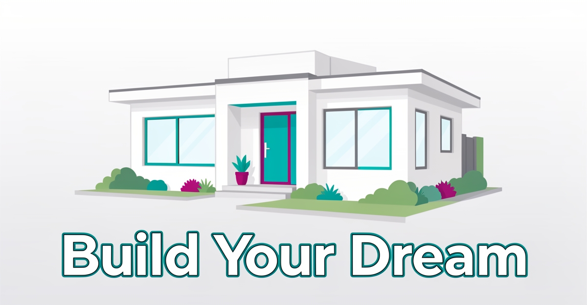 A minimalist flat illustration of a modern single-family home with brand color accents, accompanied by the headline 'Build Your Dream' in the lower third.