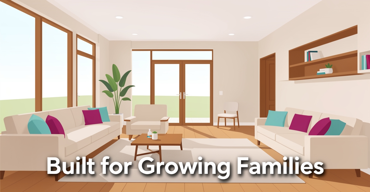 Modern flat illustration of a bright, spacious family home interior with brand color accents, featuring the headline 'Built for Growing Families' in the lower third