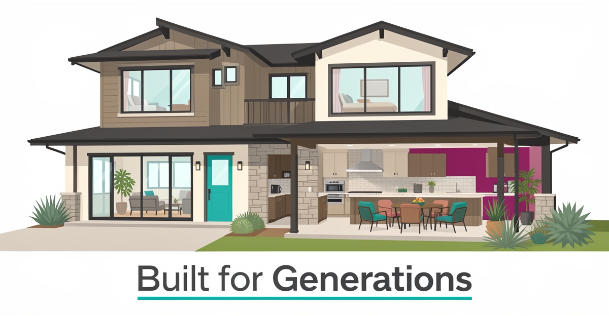 Modern two-story Altadena home with multigenerational layout, teal and magenta accents, open shared spaces, and private suites for extended family living.