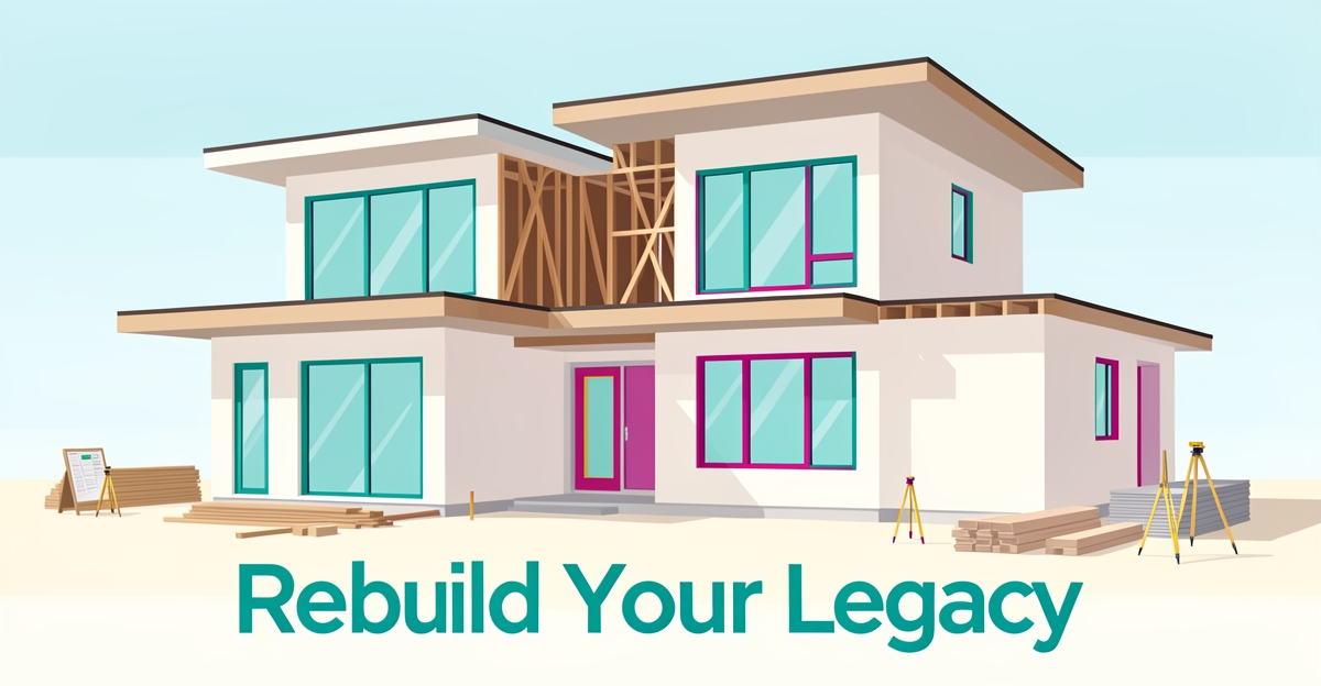 Modern Altadena home mid-rebuild with teal and magenta accents, clean flat illustration style.
