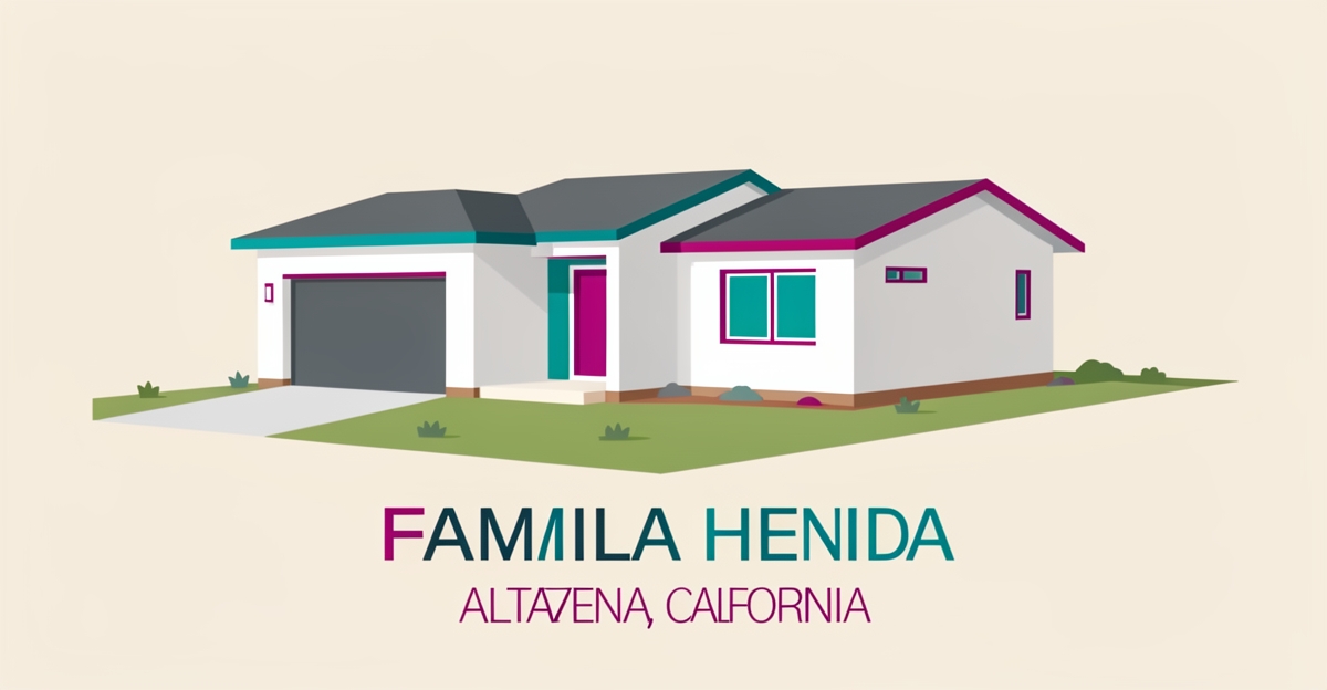 Flat illustration of a small contemporary Altadena home rebuild with teal and magenta accents for JMB Builders family service.