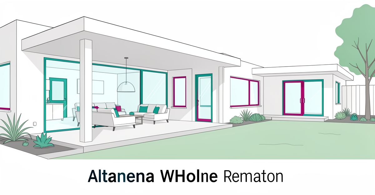Modern flat illustration of an Altadena home renovation for empty nesters with teal and magenta brand accents.