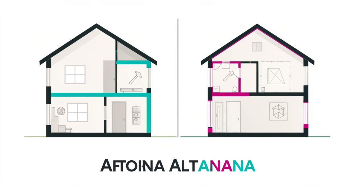 Flat illustration of a whole-home renovation cross-section with teal and magenta accents for first-time Altadena buyers.