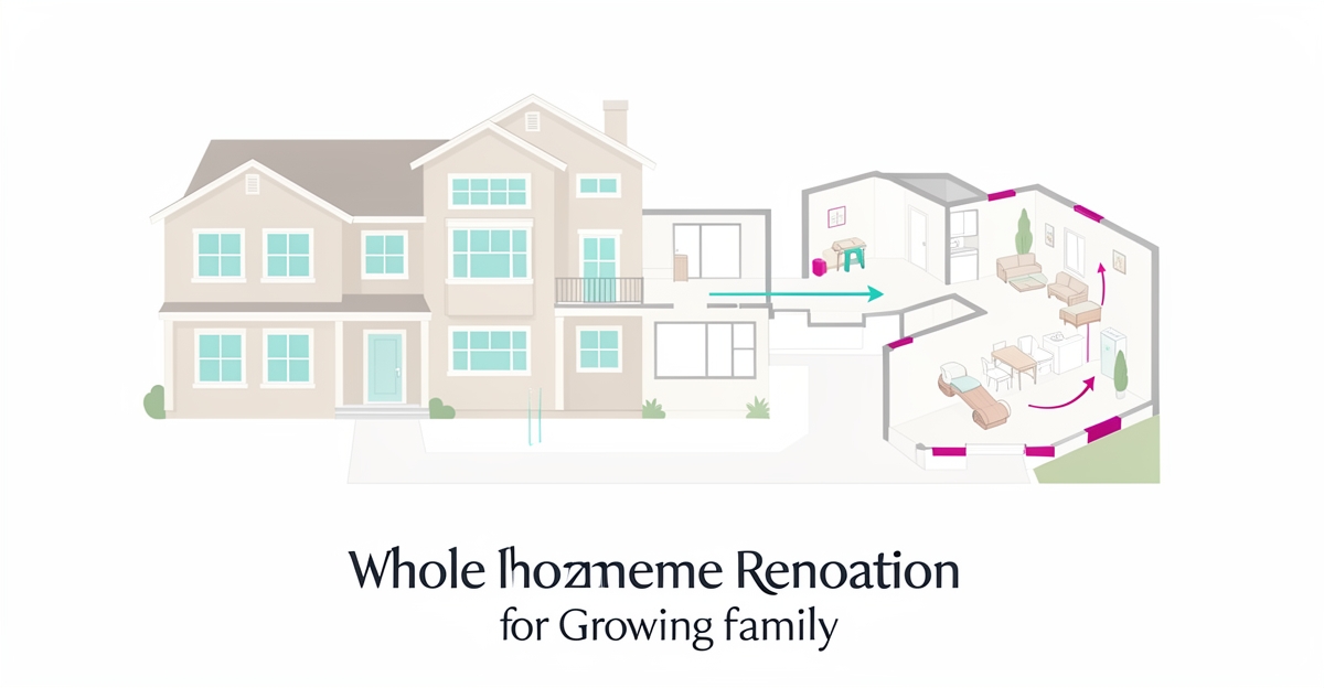 Flat illustration of a home expansion blueprint with teal and magenta accents symbolizing whole-home renovations for growing families.